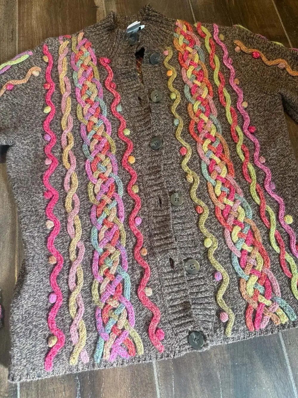 Vintage Talbots Brown Multicolored 3D Braided Artsy Cardigan Sweater